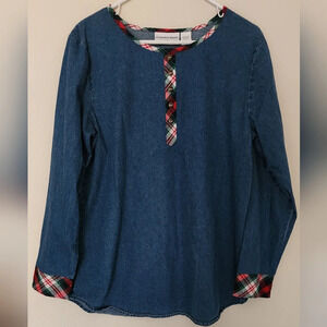 Country Store Denim Pull-over Shirt Plaid Details Sz L